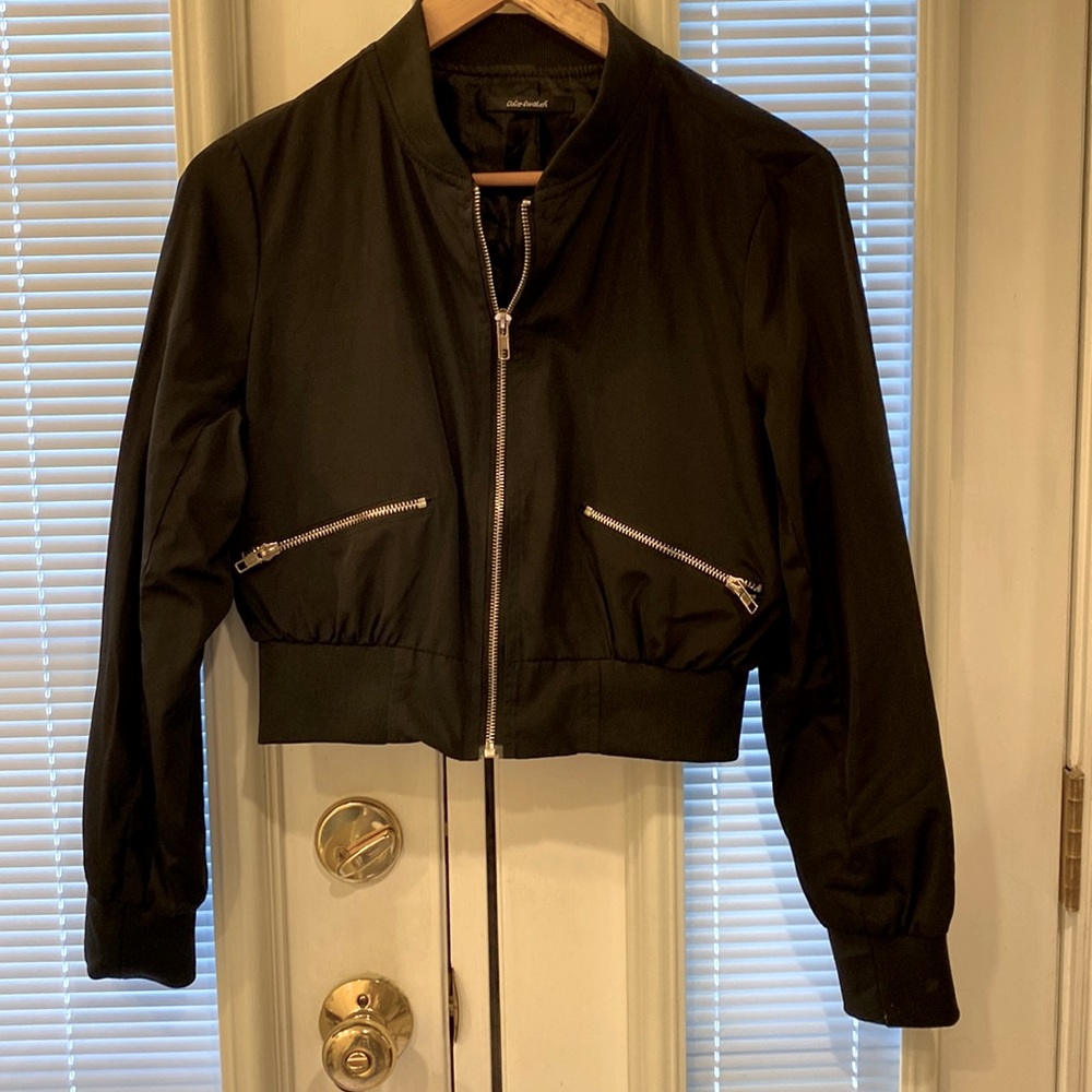 Color Swatch small, black, cropped bomber jacket.